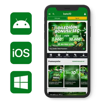 Android, iOS ve Windows ikonları yanında Bets10 mobil uygulama arayüzünü gösteren akıllı telefon, Bets10 nasıl girilir?